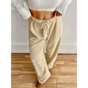 NWT Gorgeous L Cozy Fluffy Sherpa Tan Wide Leg Drawstring Waist Teddy Pants